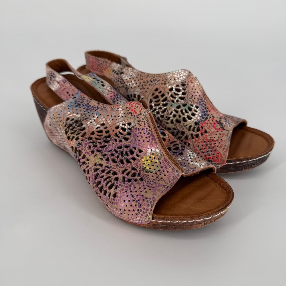 LA‎ PINTA LASER CUT LEATHER WEDGE SANDALS SLING-BACK PASTEL WATERCOLOR 36 EU / 6